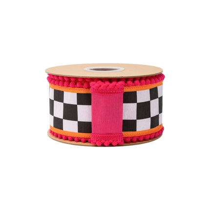 2 1/2" playful check dupioni ribbon,oversized black‑white check with orange band and pink pom‑poms plus pink backing
