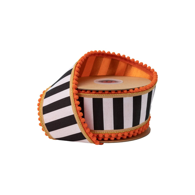 2 1/2" wired dupioni ribbon, black and white stripes with gold trim and orange pom‑pom edge, satin orange backing