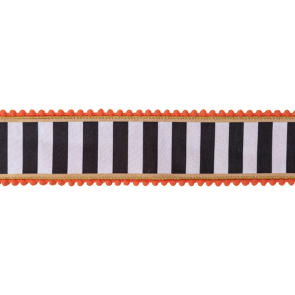 Premium wired ribbon with black‑white stripes, gold band and orange pom‑pom edges, luxe satin orange backing for DIY decorations