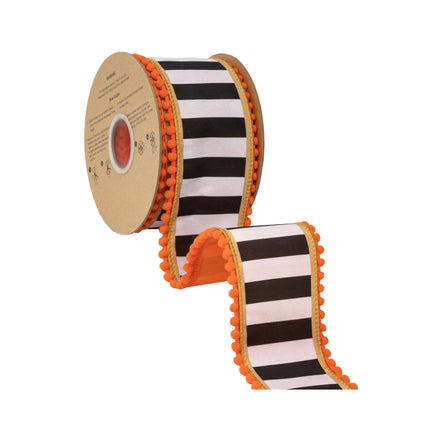 Fall wired ribbon featuring classic striped design, metallic gold trim, orange pom‑poms and smooth satin orange backing