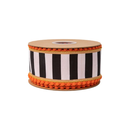 Halloween wired ribbon with bold black‑white stripes, gold accents and orange pom‑pom border, satin orange reverse side