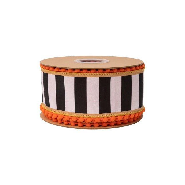 Halloween wired ribbon with bold black‑white stripes, gold accents and orange pom‑pom border, satin orange reverse side