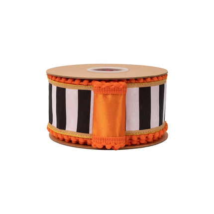 2 1/2" dupioni ribbon, vertical black‑white stripe pattern, gold‑orange pom‑pom edging and shiny orange satin backing