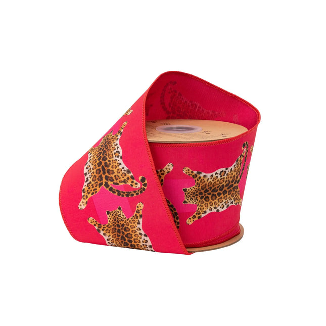 4" wired dupioni ribbon, leopard animal hide print on hot pink with pink backing for bold trendy decor