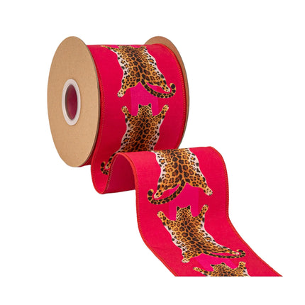 Fashion‑forward animal print wired ribbon, bright pink background with leopard graphics and solid pink backing