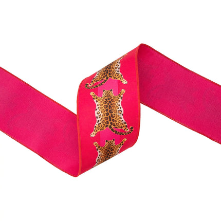 4" wired dupioni ribbon with leopard hide design, eye‑catching hot pink tone and pink backing