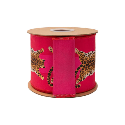 4" jungle‑themed dupioni ribbon, wired edge, spotted leopard print on vibrant hot pink base with pink backing