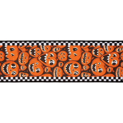 wired dupioni ribbon with jack‑o‑lantern design, decorative check edging and black backing for wreath accents