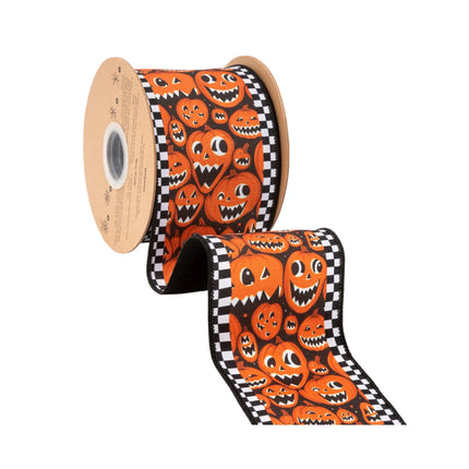 Spooky wired ribbon featuring grinning jack‑o‑lanterns, check trim and solid black backing for holiday crafts