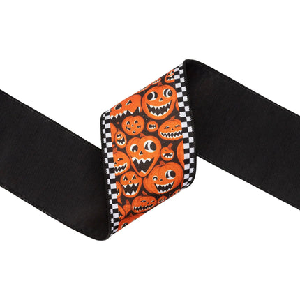 Festive Halloween decorative ribbon,dupioni fabric with pumpkin faces, check trim and sleek black backing