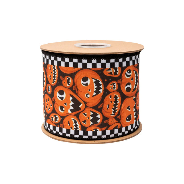 Black wired ribbon with orange pumpkin faces and black‑white check edging, with matching black reverse side