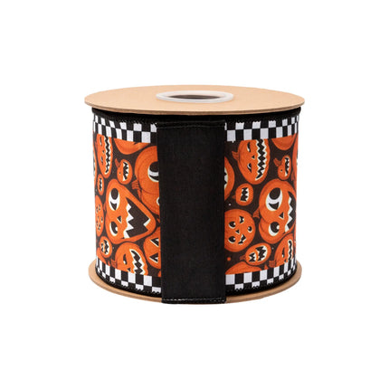 4" Halloween pumpkin‑themed dupioni ribbon, fun jack‑o‑lantern pattern with check border and black backing