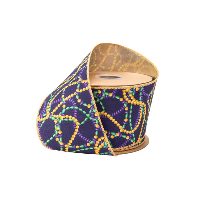 2 1/2" wired dupioni ribbon, colorful fleur‑de‑lis print on dark purple with satin green backing for Mardi Gras decor