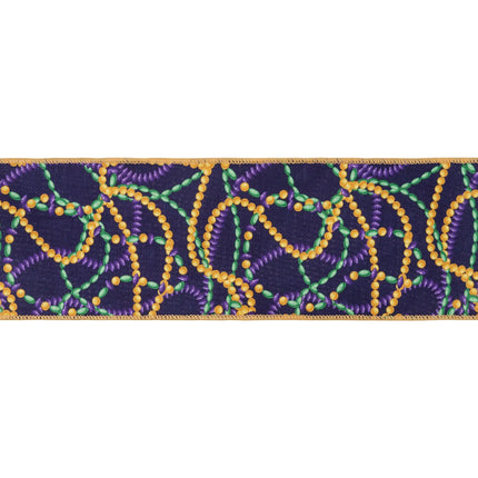 Festive carnival wired ribbon, deep purple background with traditional symbols and  green backing