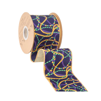 2 1/2" wired dupioni ribbon with fleur‑de‑lis design, rich purple tone and shiny satin green backing for wreath crafts