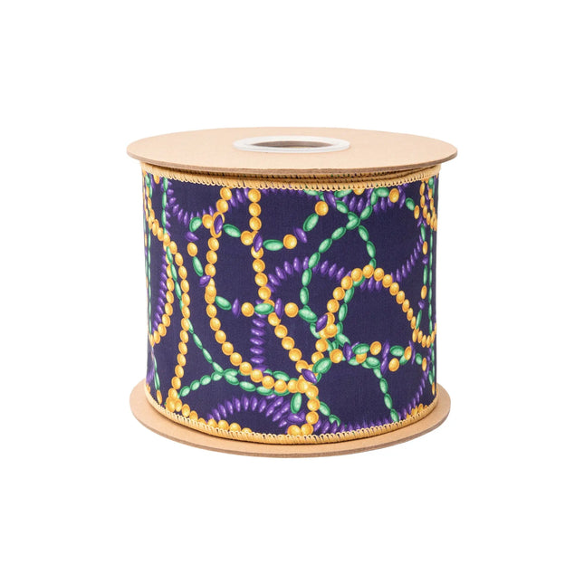 Purple wired ribbon with green‑gold fleur‑de‑lis motifs, featuring vibrant satin green reverse side