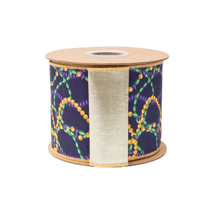 2 1/2" Mardi Gras‑themed dupioni ribbon, classic fleur‑de‑lis pattern on purple base with satin green backing