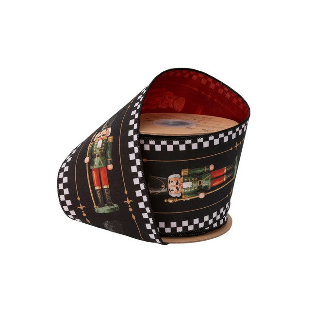 4" wired dupioni ribbon, nutcracker print with blackâ€‘white check trim on black with red backing for Christmas decor