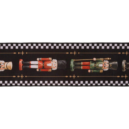 Festive winter decorative ribbon, dupioni fabric with nutcracker motifs, check borders and bold red backing
