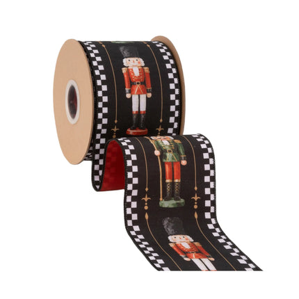 4" holiday nutcracker‑themed dupioni ribbon, festive soldier pattern with check edging and red backing