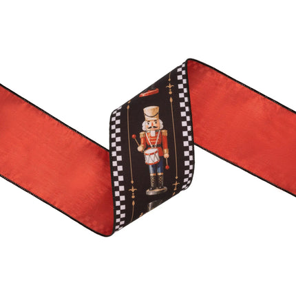 wired dupioni ribbon with nutcracker design, decorative check detailing and red backing for wreath accents