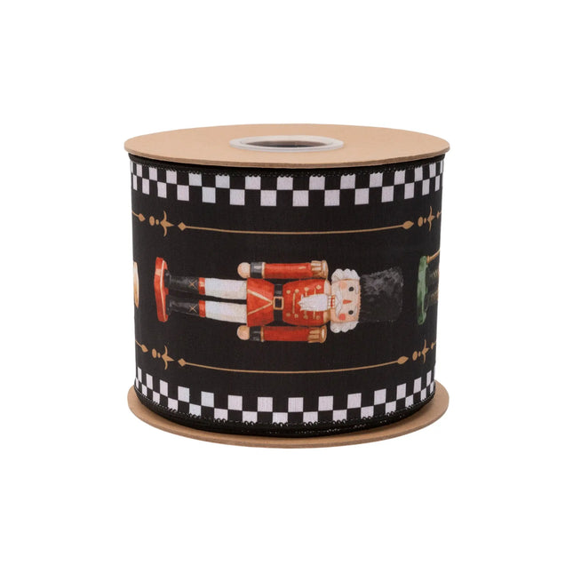 Black wired ribbon featuring classic nutcracker figures and checkered border, with rich red reverse side