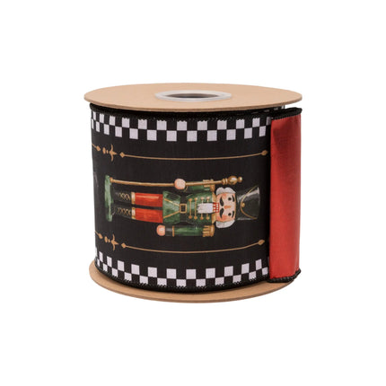 Vintage Christmas wired ribbon with painted nutcrackers, check trim and solid red backing for seasonal crafts