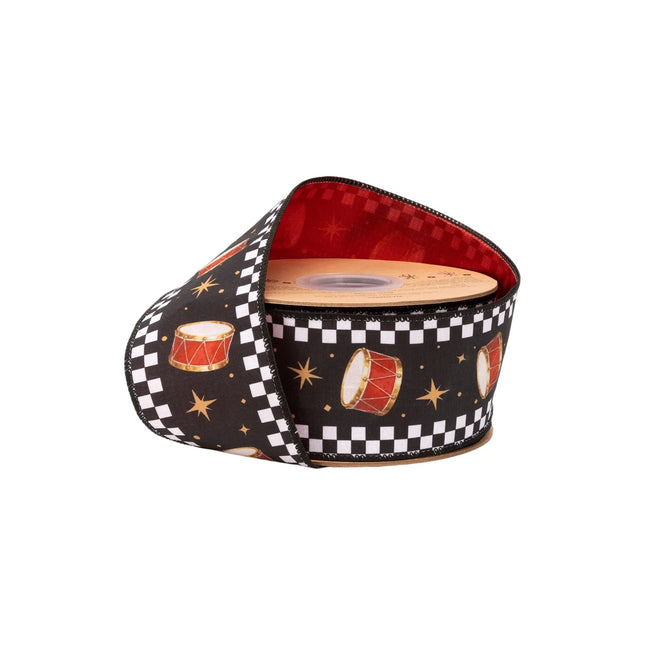 2 1/2" wired dupioni ribbon, festive redâ€‘gold drum print with blackâ€‘white check trim on black with red backing for Christmas decor