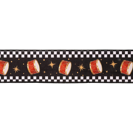 Classic Christmas decorative ribbon, dupioni fabric with drums, stars, check borders and bold red backing