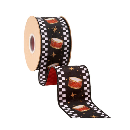 Whimsical seasonal wired ribbon with painted drums, star details, check trim and solid red backing for winter crafts