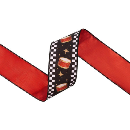 wired dupioni ribbon with holiday drum design, check detailing and red backing for wreath and gift accents