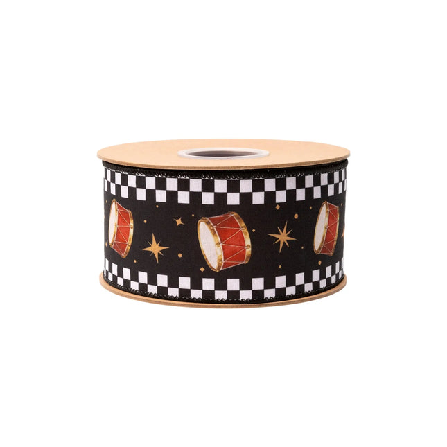 Black wired ribbon featuring holiday drum motifs, golden star accents and checkered border, with red reverse side