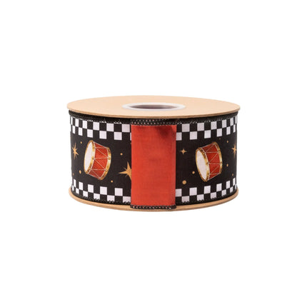 2 1/2" Christmas drum‑themed dupioni ribbon, decorative drum‑star pattern with check edging and red backing