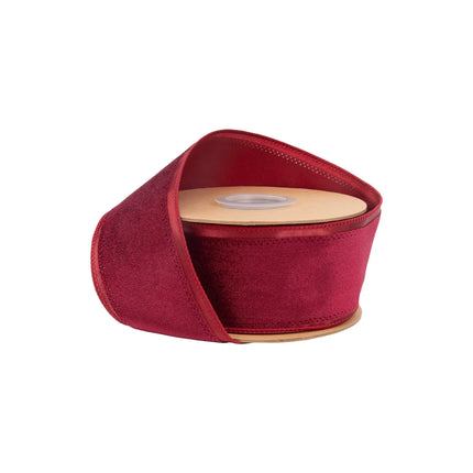 2 1/2" wired burgundy velvet ribbon with smooth satin trim, ideal for elegant holiday wreaths.