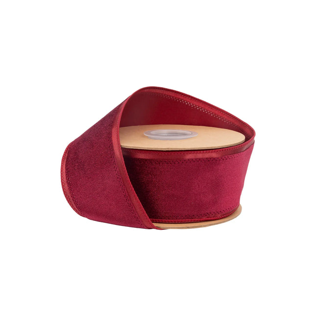 2 1/2" wired burgundy velvet ribbon with smooth satin trim, ideal for elegant holiday wreaths.