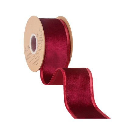 Solid burgundy velvet wired ribbon, suited for Christmas tree accents and seasonal DIY crafts.