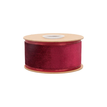 Burgundy center velvet wired ribbon, 2.5-inch width, perfect for luxury gift wrapping bows.