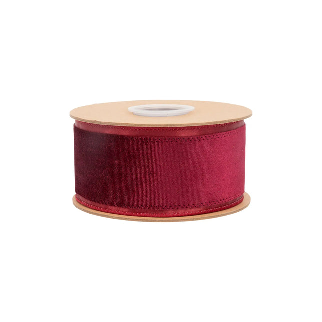Burgundy center velvet wired ribbon, 2.5-inch width, perfect for luxury gift wrapping bows.