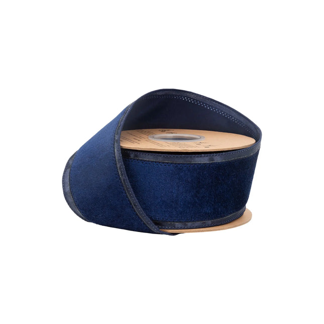 2 1/2" wired navy blue velvet ribbon with satin edge trim, ideal for elegant wreath decor.