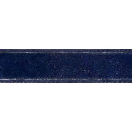 Solid navy velvet center wired ribbon, ideal for classic rustic and modern DIY ornament making.