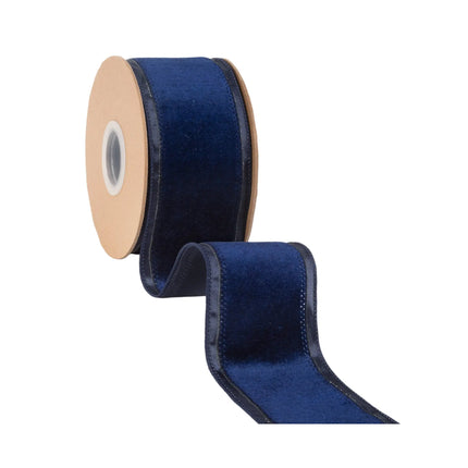 2 1/2" wired ribbon with solid navy blue velvet center for formal seasonal home accents.