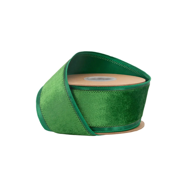 2 1/2" wired green velvet ribbon with sleek satin trim, ideal for Christmas wreath decorations.