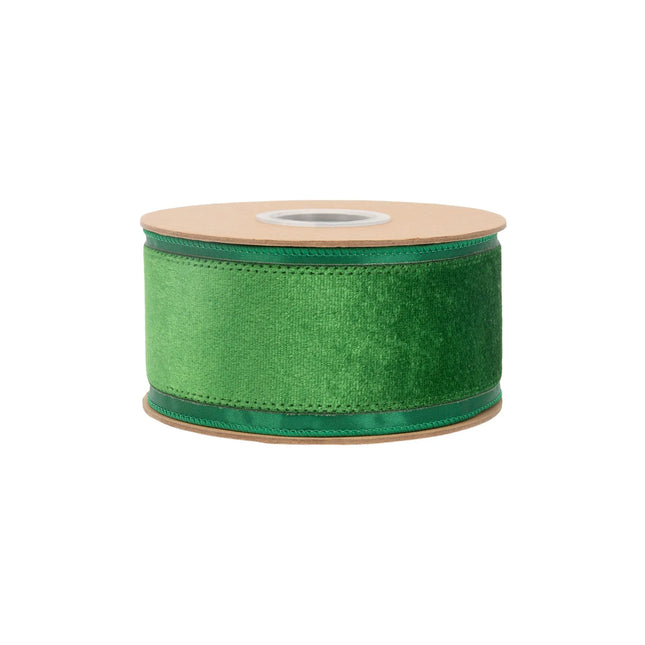 Green center wired velvet ribbon in 2.5-inch width, perfect for elegant holiday gift bows.