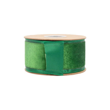 2 1/2" wired ribbon featuring lush green velvet center for seasonal home decor accents.