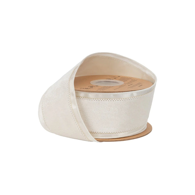 2 1/2" wired velvet ribbon with a plush ivory velvet center, ideal for elegant gift wrapping and holiday decor.