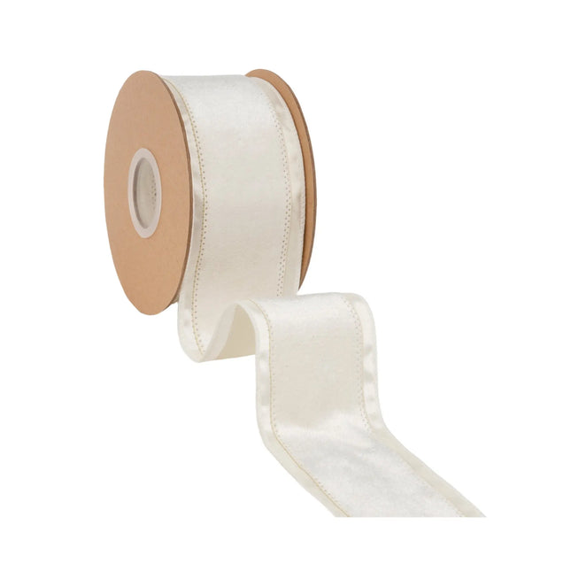 Premium ivory wired velvet ribbon, 2.5-inch width, featuring a soft velvet center and sturdy wired edges.