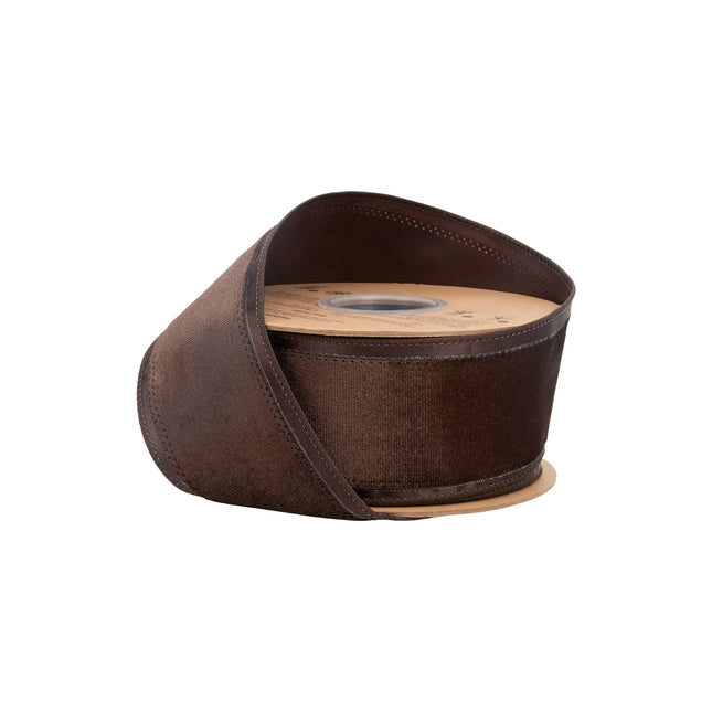2 1/2" wired brown velvet ribbon with satin border, ideal for rustic fall wreath decor.