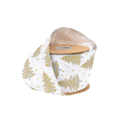 3 3/4" wired white velvet ribbon with gold silver glitter pine trees and silver backing, ideal for Christmas wreaths.