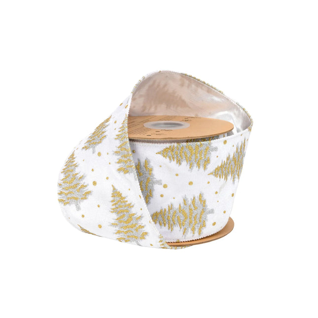 3 3/4" wired white velvet ribbon with gold silver glitter pine trees and silver backing, ideal for Christmas wreaths.