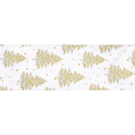 White base wired velvet ribbon decorated with gold silver glitter trees and silver lining for festive DIY projects.